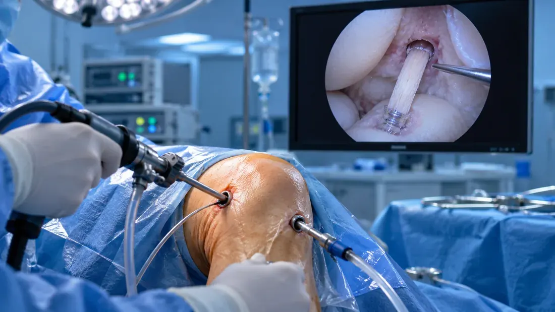 Live arthroscopic view of the ACL graft secured with a screw through the bone tunnel, with surgical ports visible on the knee
