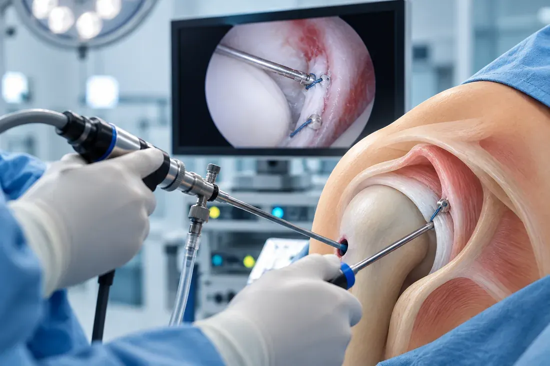 Anatomical view of the shoulder joint with arthroscopic instruments inserted, alongside the live monitor view of suture anchors in the labrum