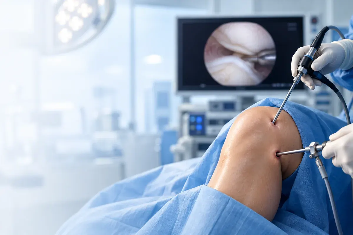 Surgeon performing arthroscopic meniscal repair with the scope view visible on the monitor