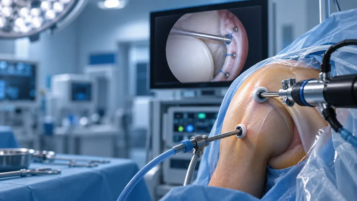 Live arthroscopic view of a torn labrum being sutured to the shoulder socket, with arthroscopic ports visible on the shoulder