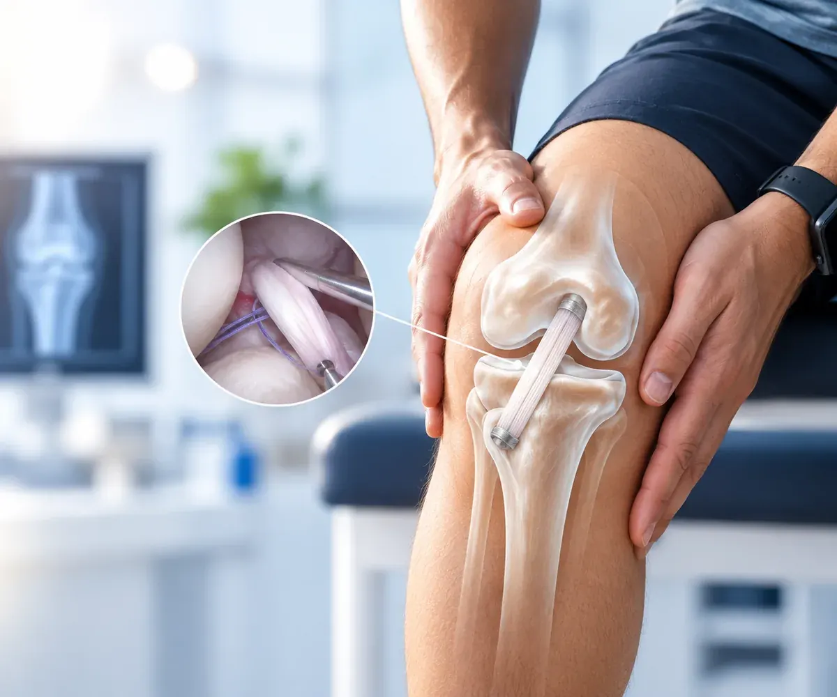 Tendon graft secured through bone tunnels in the knee, with an arthroscopic view of the graft fixation