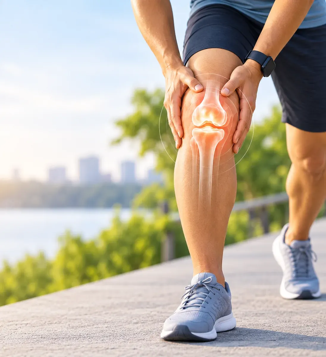 Person holding a painful knee outdoors, with an anatomical overlay highlighting the joint