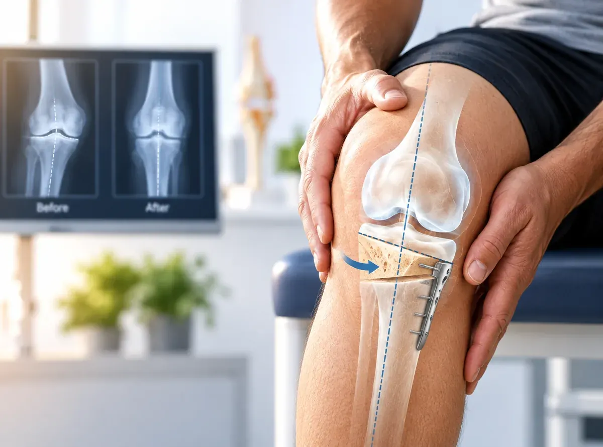 Osteotomy bone cut secured with a plate and screws, with a before-and-after X-ray comparison in the background