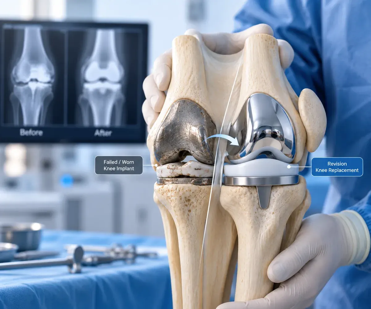 A failed, worn knee implant compared side by side with a new revision knee replacement