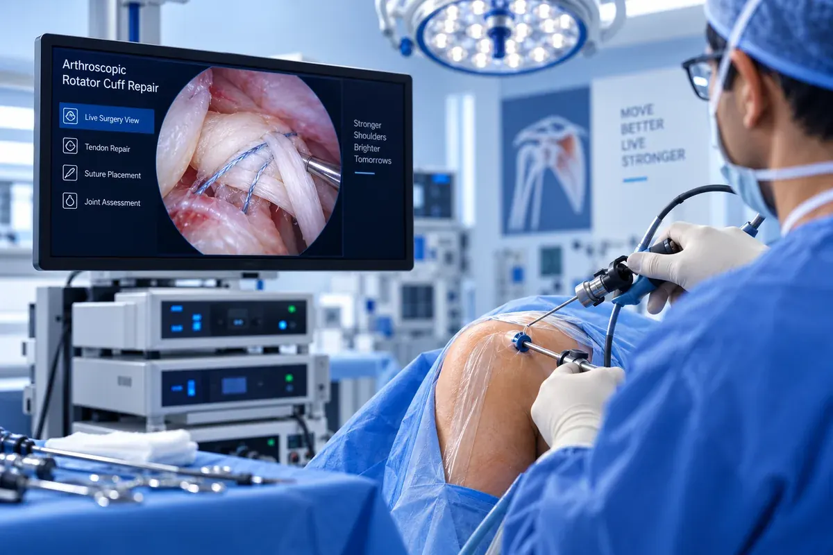 Live arthroscopic view of rotator cuff tendon repair with suture placement, displayed on the surgical monitor