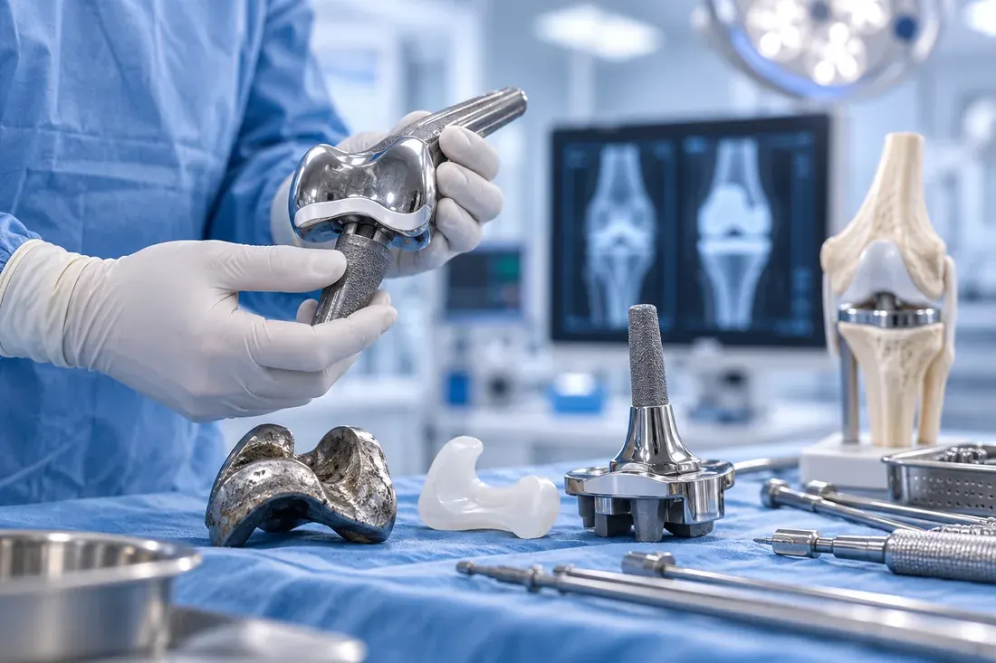 Surgeon examining a failed knee implant alongside new revision components, with X-ray imaging in the background