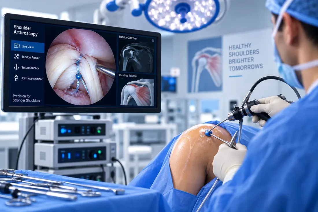 Shoulder arthroscopy screen showing the rotator cuff tear and repaired tendon, alongside the live surgical view