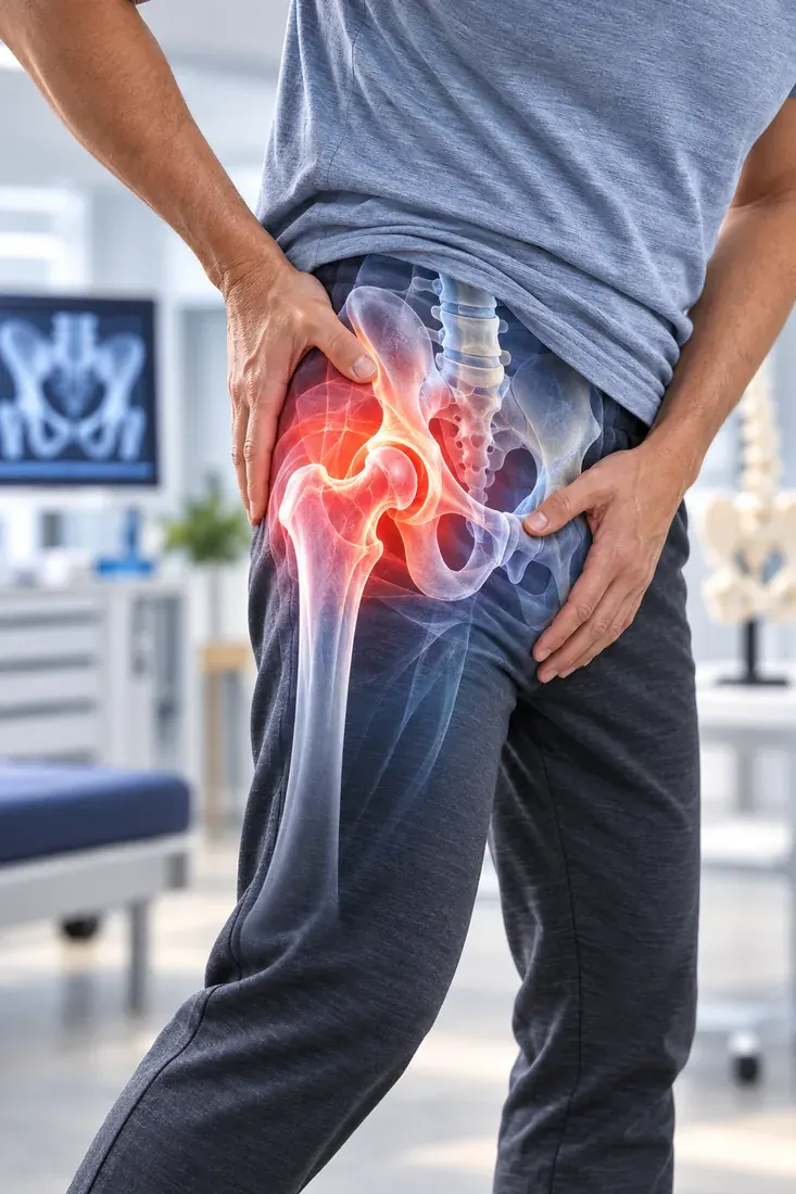 Person holding their hip in pain, with an X-ray overlay highlighting the pelvic and hip joint fracture