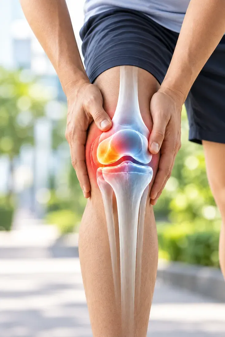 Person holding a painful knee, with an X-ray overlay highlighting the joint