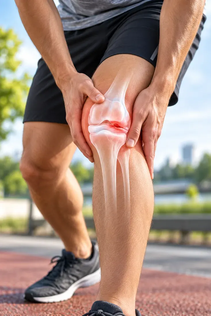 Athlete on a running track holding their knee in pain, with an anatomical overlay highlighting the meniscus