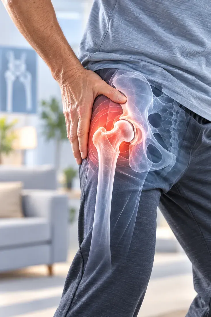 Person holding their hip in pain, with an X-ray overlay highlighting the implant