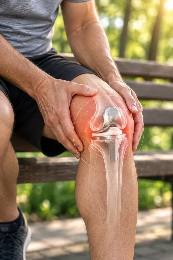 Person holding a painful knee, with a worn implant overlay highlighting the failing joint