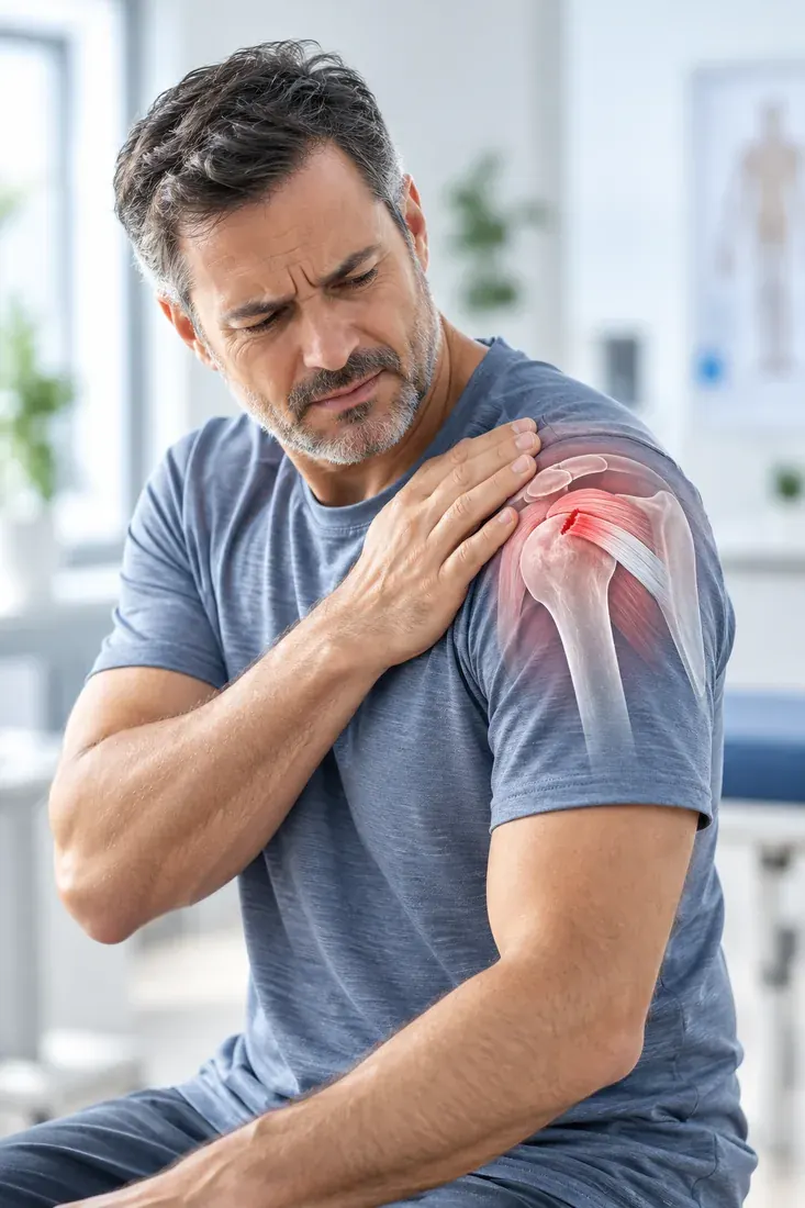 Person holding their shoulder in pain, with an anatomical overlay highlighting the torn rotator cuff tendon