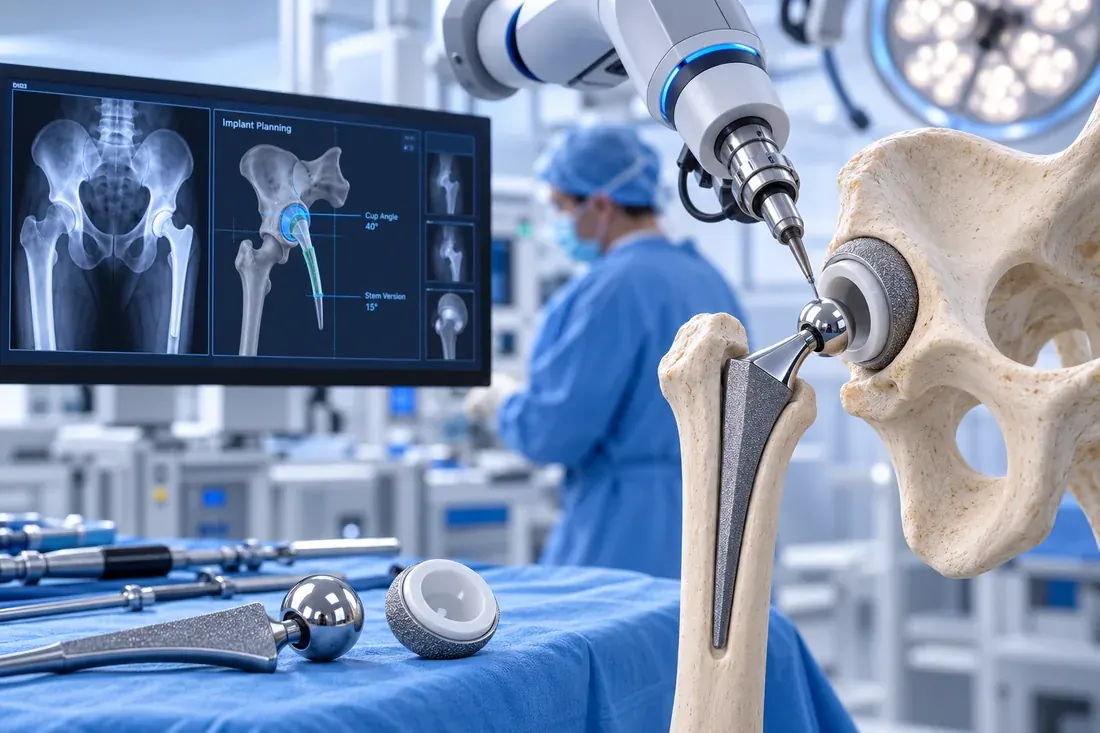 Robotic arm placing a hip implant with live implant-planning imagery showing cup angle and stem version